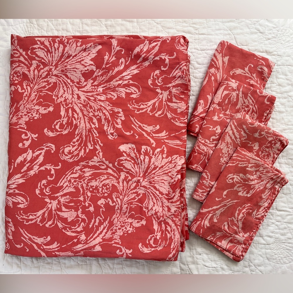 Vtg Williams Sonoma Cotton King Duvet Cover 4 Standard Sham Coral Scroll Leaf